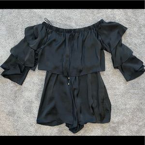 Black Tiered Off the Shoulder Romper — Oliviaceous — size L
